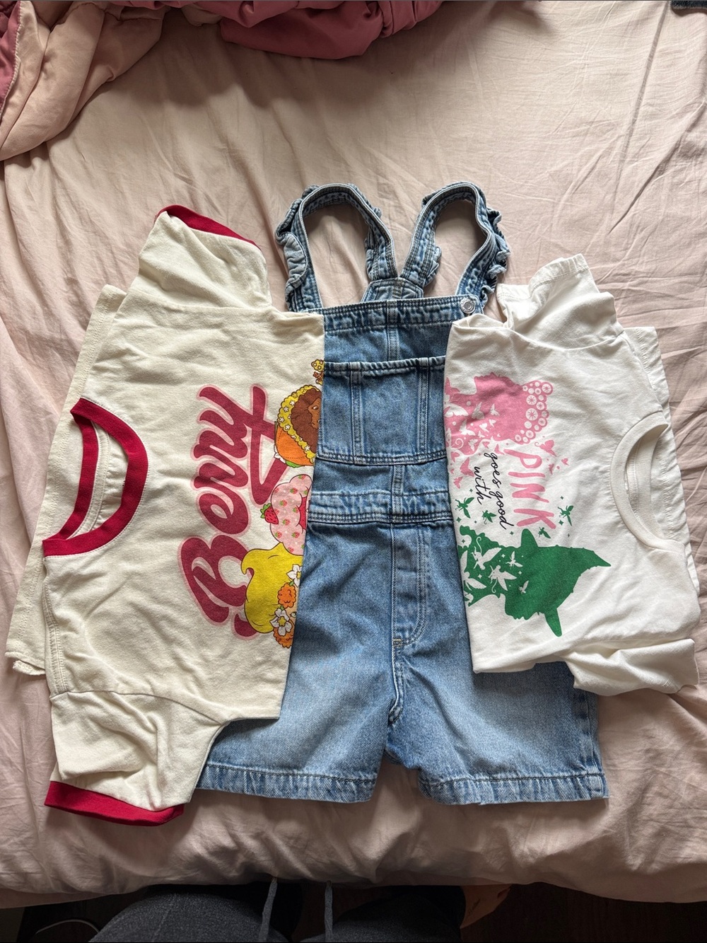 Kids Denim Short Overalls with White & Cream Graphic Tees